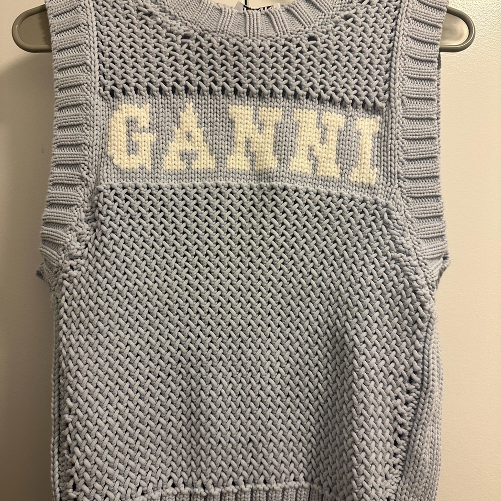 Ganni Blue Crew Neck Sweater with Intricate Knit Patterns
